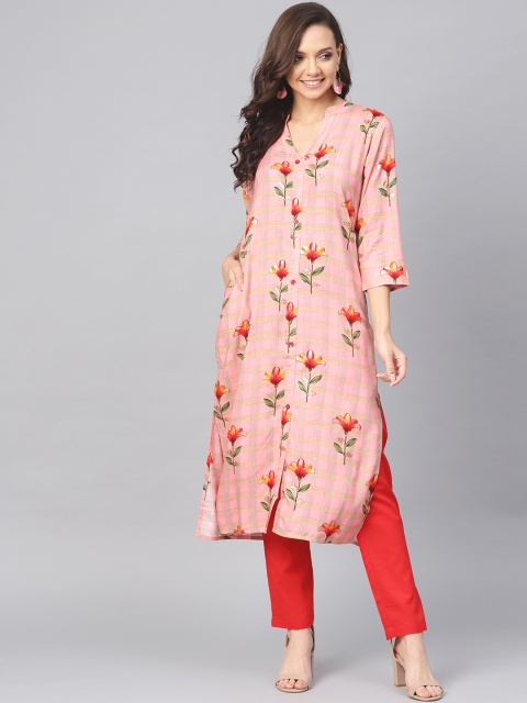 

Yuris Women Peach-Coloured & Red Floral Print Straight Kurta