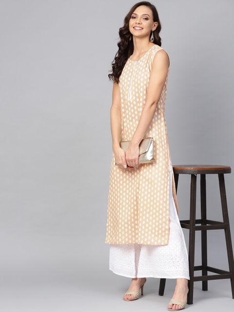 

Yuris Women Beige & White Printed Straight Kurta