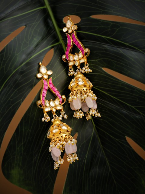 

justpeachy Gold-Toned & Red Contemporary Kundan Studded Drop Earrings