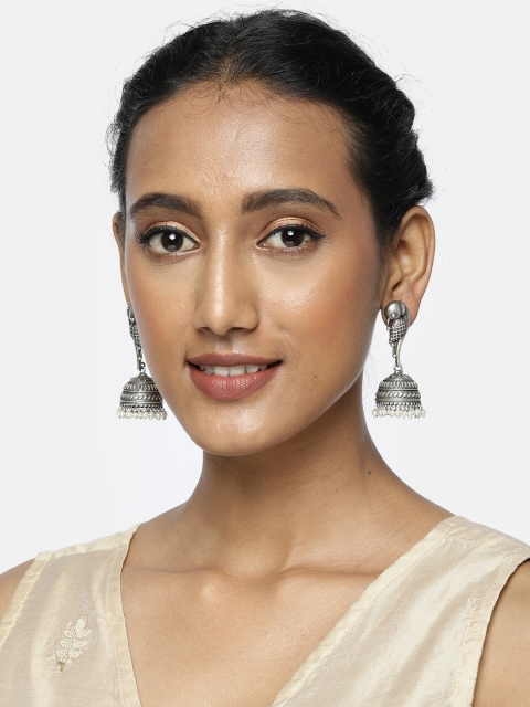 

justpeachy Silver-Plated Peacock Shaped Oxidised Jhumkas
