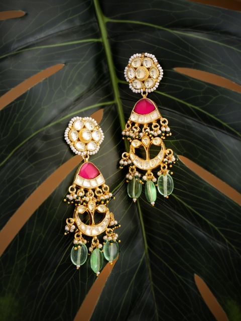 

justpeachy Women Multicoloured Contemporary Kundan Studded Drop Earrings, Multi