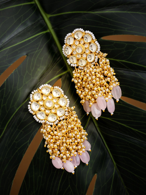 

justpeachy Gold-Toned & Pink Contemporary Gold-Plated Drop Earrings