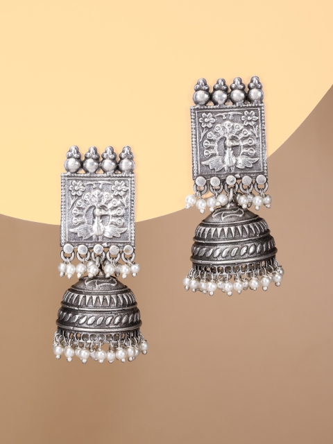

justpeachy Silver-Plated Peacock Shaped Oxidised Jhumkas