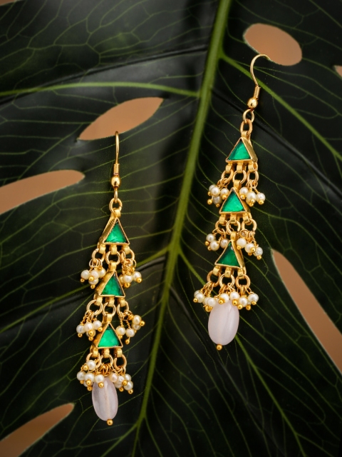 

justpeachy Gold-Toned & Green Kundan Studded Geometric Drop Earrings