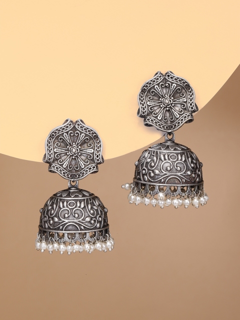 

justpeachy Silver-Plated Dome Shaped Oxidised Jhumkas