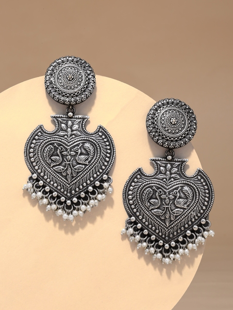 

justpeachy Silver-Plated Peacock Shaped Oxidised Drop Earrings