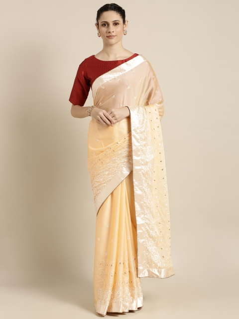 

Indian Women Cream-Coloured Embroidered Poly Georgette Saree