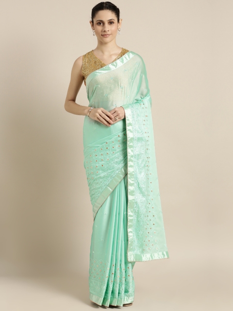 

Indian Women Sea Green Embroidered Poly Georgette Saree