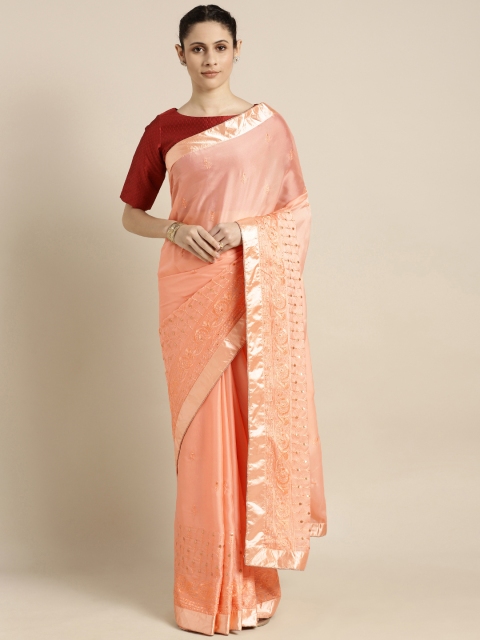 

Indian Women Peach-Coloured Embroidered Poly Georgette Saree