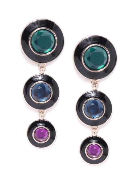 

Forever New Black & Green Enamelled Stone Studded Circular Drop Earrings