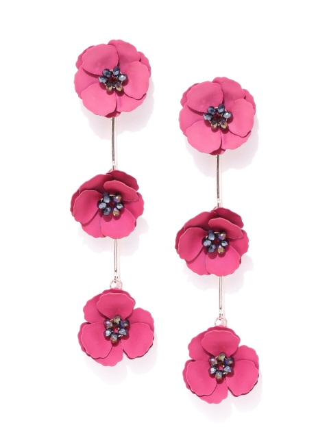 

Forever New Magenta & Gunmetal-Toned Beaded Floral Drop Earrings