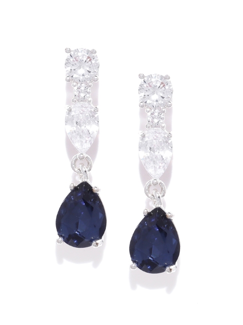 

Forever New Navy Blue & Silver-Toned CZ Stone-Studded Teardrop-Shaped Drop Earrings