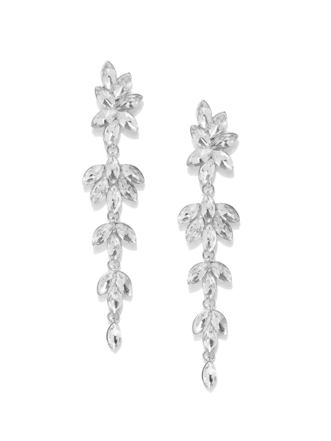 

Forever New Silver-Toned Leaf Shaped Rhodium Crystal-Studded Drop Earrings
