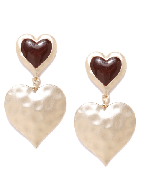 

Forever New Gold-Toned & Coffee Brown Enamelled Heart Shaped Drop Earrings