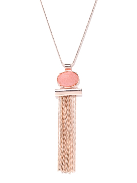 

Forever New Peach-Coloured & Rose Gold-Toned Stone-Studded Tasselled Necklace
