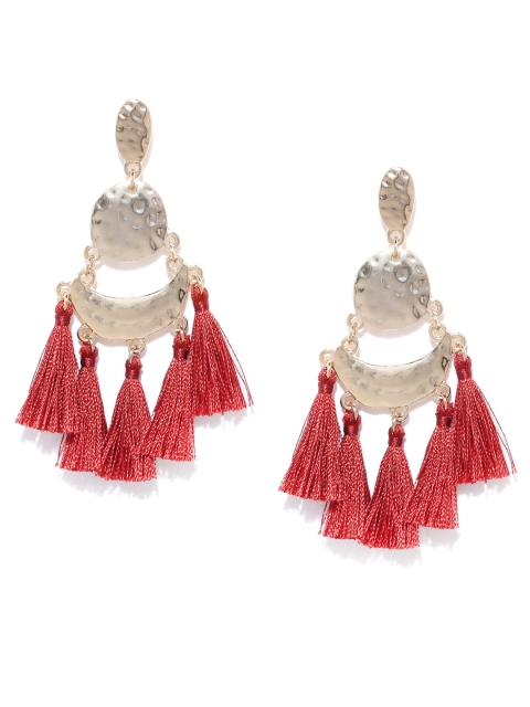 

Forever New Gold-Toned & Maroon Tasselled Crescent Shaped Drop Earrings