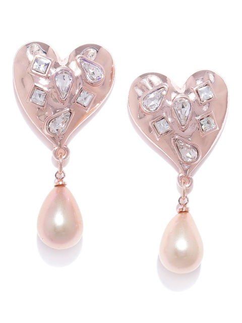 

Forever New Rose Gold-Toned Stone-Studded & Beaded Heart Shaped Drop Earrings