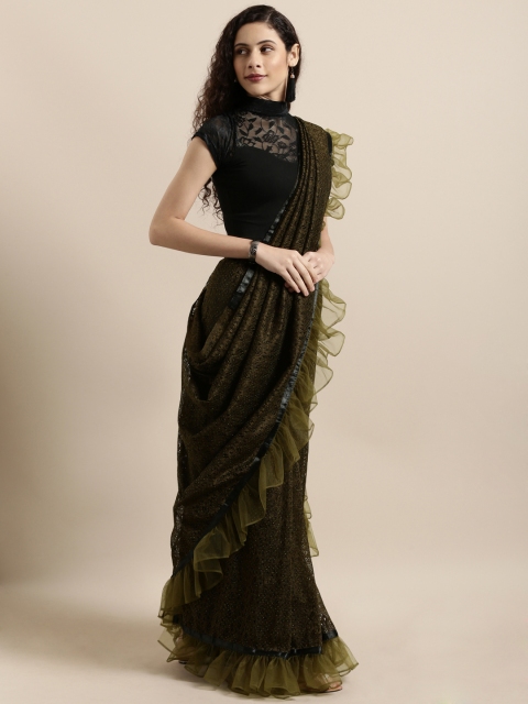 

Tikhi Imli Olive Green Embroidered Poly Crepe Saree
