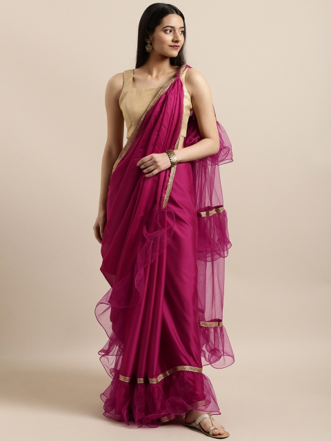 

Tikhi Imli Pink Solid Poly Crepe Ruffled Saree