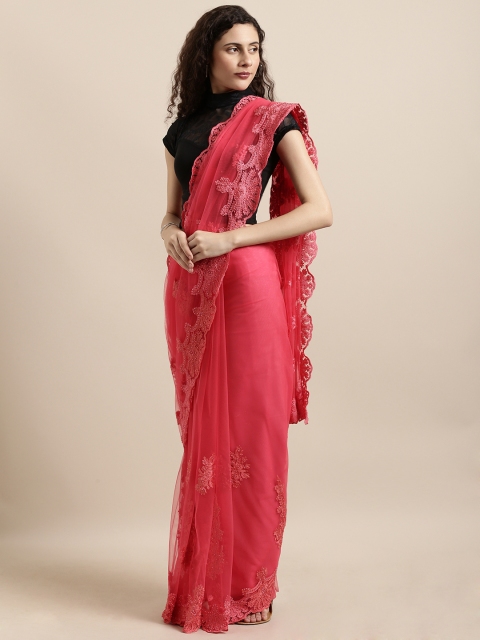 

Tikhi Imli Coral Pink Embroidered Net Heavy Work Saree