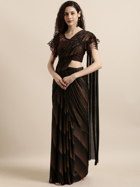 

Tikhi Imli Brown & Black Poly Crepe Ready To Wear Striped Saree