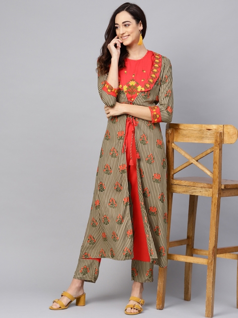 

Meeranshi Women Coral Orange Embroidered Crop Top with Trousers & Ehtnic Jacket