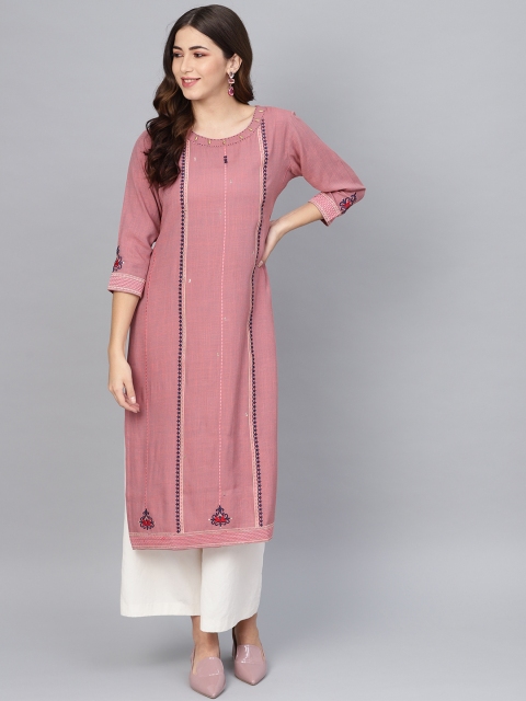 

Meeranshi Women Dusty Pink Embroidered Straight Kurta
