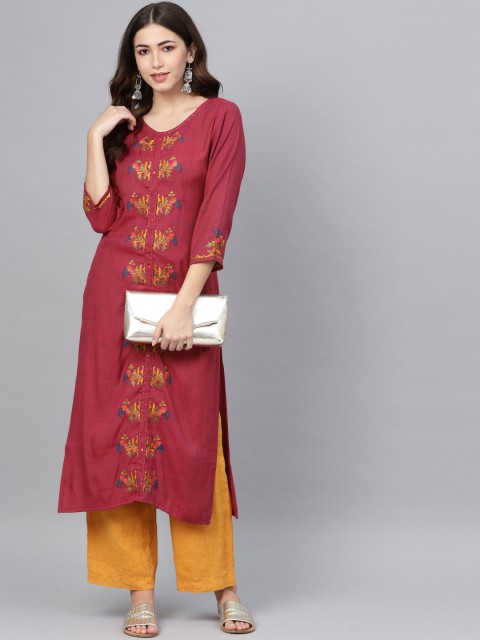 

Meeranshi Women Maroon Floral Embroidered Straight Kurta