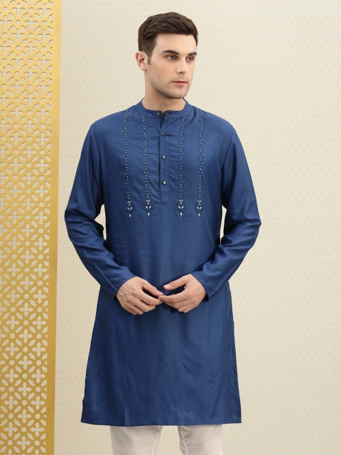 

House of Pataudi Men Navy Blue Embroidered Straight Kurta