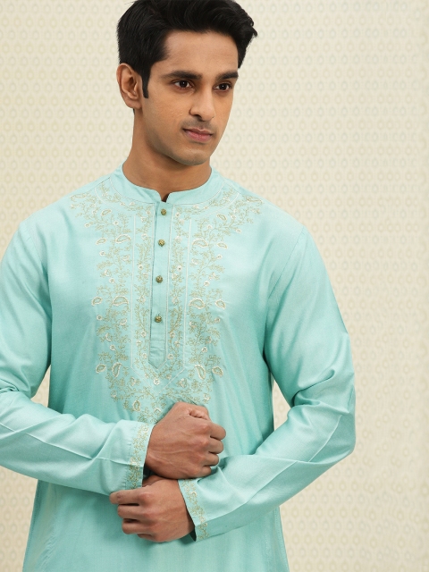 

House of Pataudi Men Sea Green Embroidered Straight Kurta