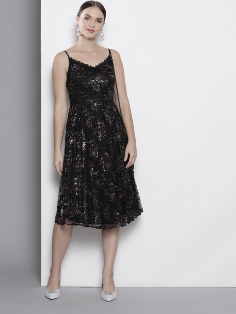 

DOROTHY PERKINS Women Black & Golden Self Design Fit & Flare Dress