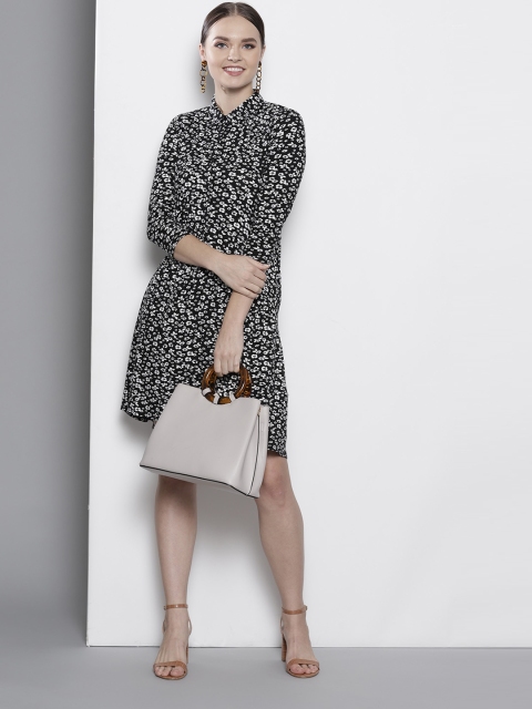 

DOROTHY PERKINS Women Black & White Floral Print Shirt Dress