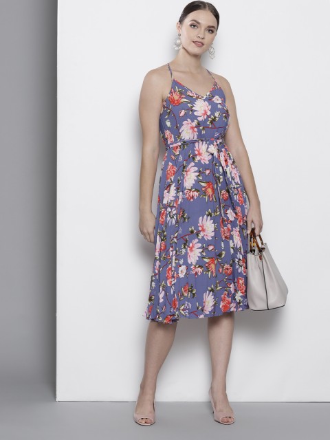 

DOROTHY PERKINS Women Blue & Pink Floral Print Fit & Flare Dress