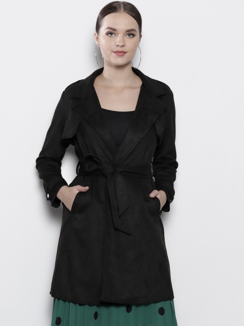 

DOROTHY PERKINS Women Black Solid Petite Suede Finish Trench Coat