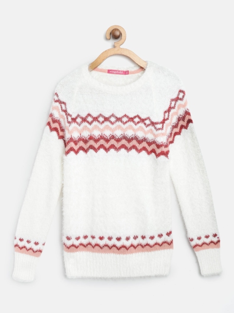 

Wingsfield Girls White & Red Self-Design Fuzzy Sweater