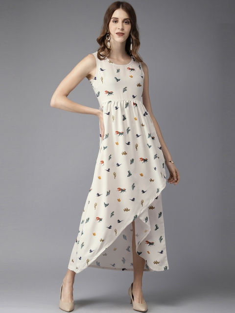 

HERE&NOW Women Off-White & Green Printed A-Line Dress