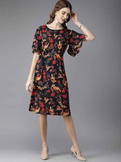 

HERE&NOW Women Black & Mustard Yellow Printed A-Line Dress