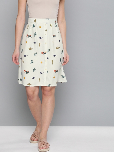 

HERE&NOW Women Off-White & Green Printed A-Line Skirt