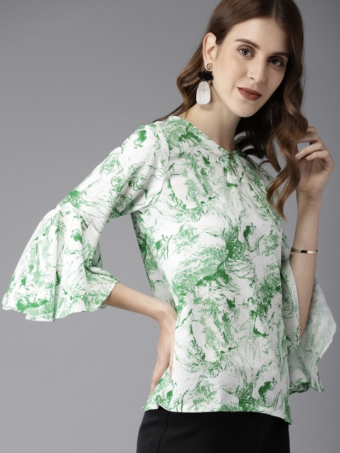 

HERE&NOW Women White & Green Printed Top
