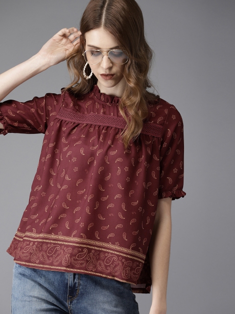 

HERE&NOW Women Maroon & Mustard Yellow Printed Top