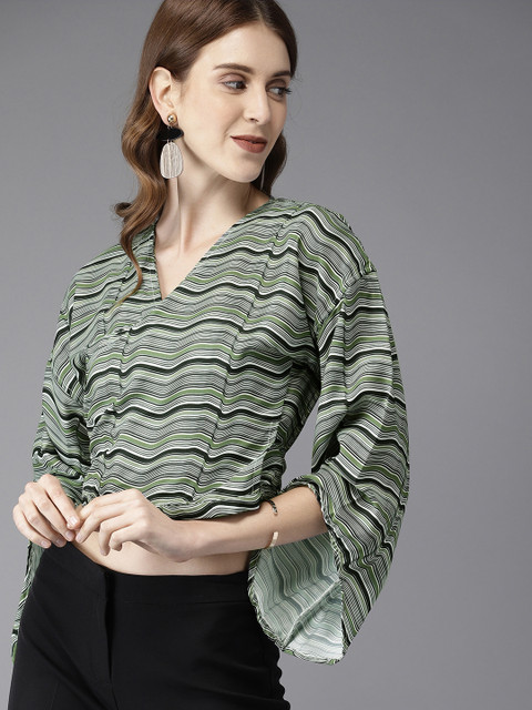 

HERE&NOW Women Green & Black Striped Cropped Wrap Top