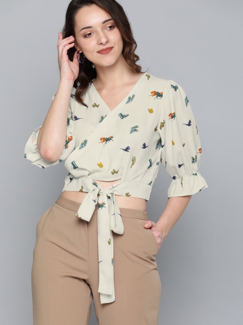 

HERE&NOW Women Off-White Printed Cinched Waist Crop Top