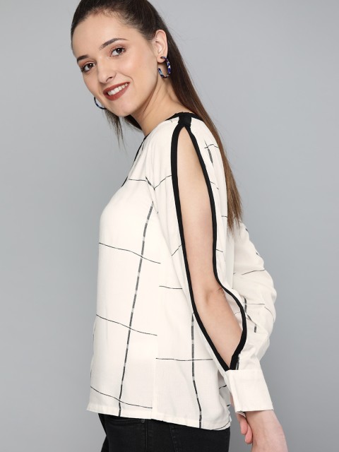 

HERE&NOW Women White & Black Checked Slit Sleeves Top