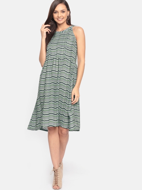 

HERE&NOW Women Striped Olive Green & Navy Blue A-Line Dress