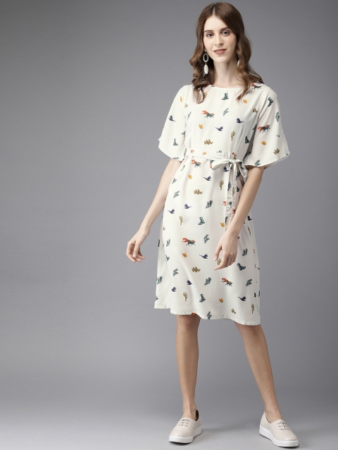 

HERE&NOW Women Off-White & Green Printed A-Line Dress