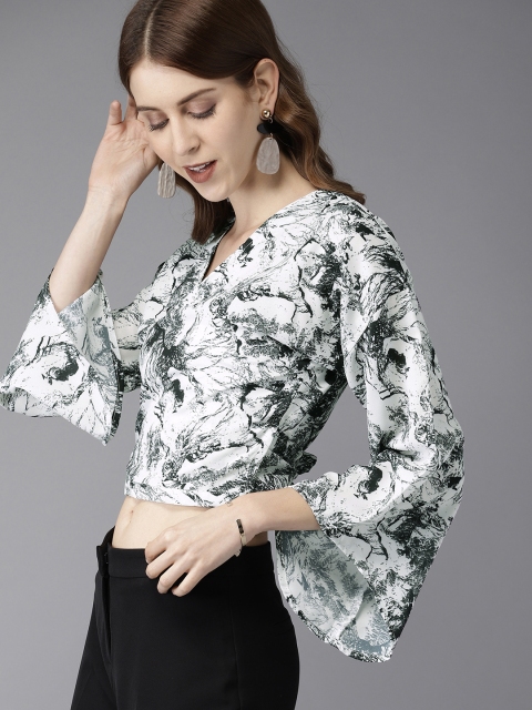 

HERE&NOW Women White & Black Printed Cropped Wrap Top