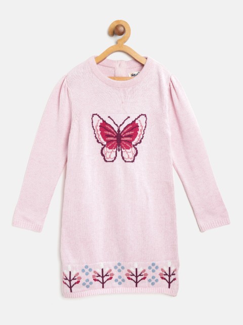 

Nauti Nati Girls Pink Butterfly Self-Design Sweater Dress