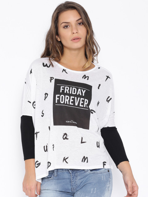 

Tokyo Talkies White Printed Boxy Top