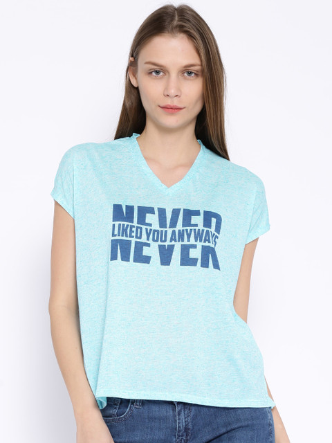 

Tokyo Talkies Blue Linen Printed T-shirt