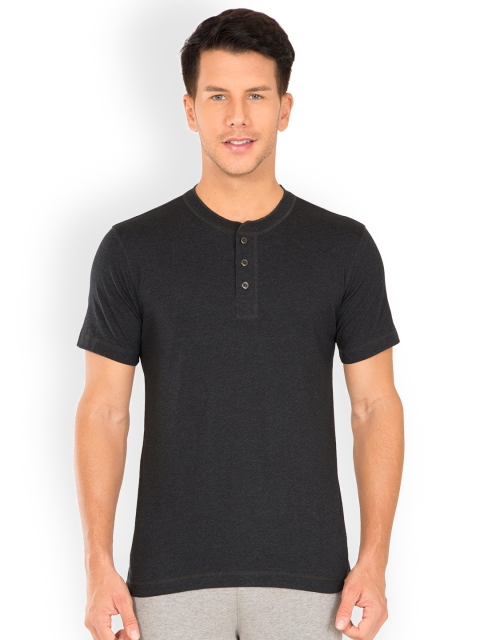 

Jockey Men Charcoal Grey Solid Henley Neck T-shirt, Black